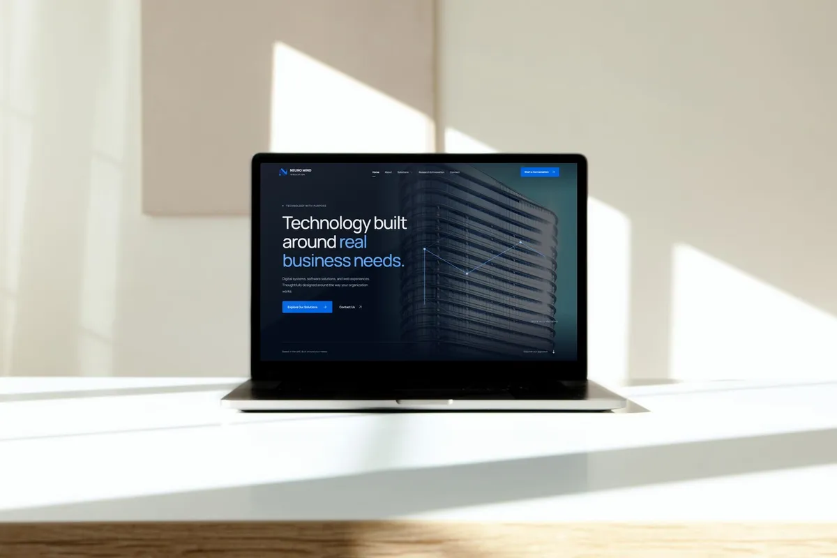 Laptop on a sunlit desk displaying the Neuro Mind Innovation website